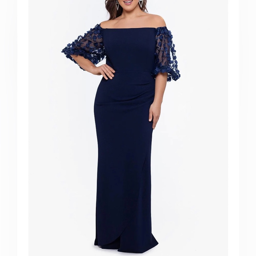 XSCAPE 3D Floral Applique Scuba Crepe Off-the-Shoulder Mermaid Gown